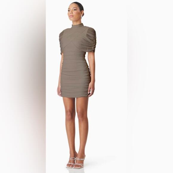 NWT Elliatt $250 Elegant Taupe Grey Ruched Dress Size S - Picture 2 of 6